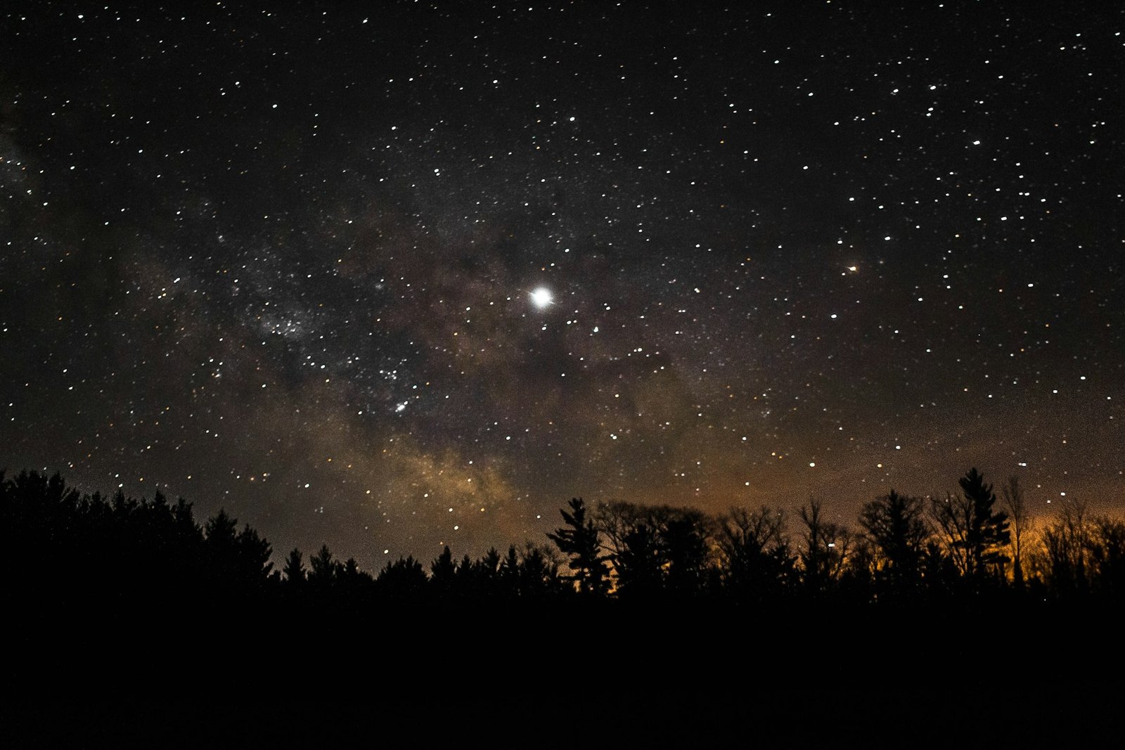 A single bright star above a dark treeline in a night sky
